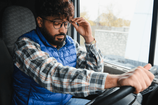 Fatigued truck driver rubbing his temple while gripping the steering wheel