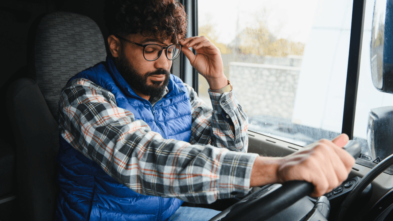 Fatigued truck driver rubbing his temple while gripping the steering wheel