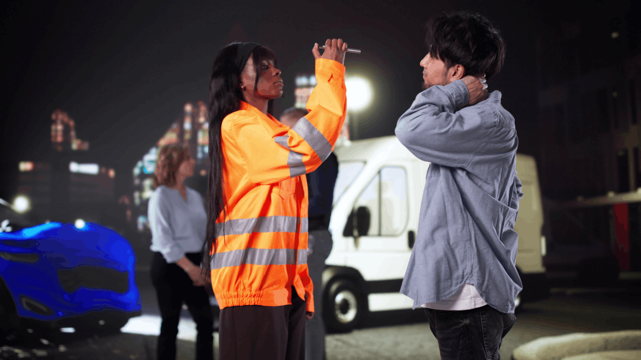 Emergency care after crash — first responder checking injured victim at night truck accident scene
