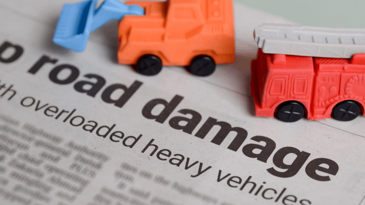 Overloaded truck risks causing road damage shown with toy trucks on newspaper headline