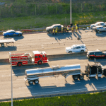 Police accident report details documented at multi-vehicle highway crash scene with emergency responders