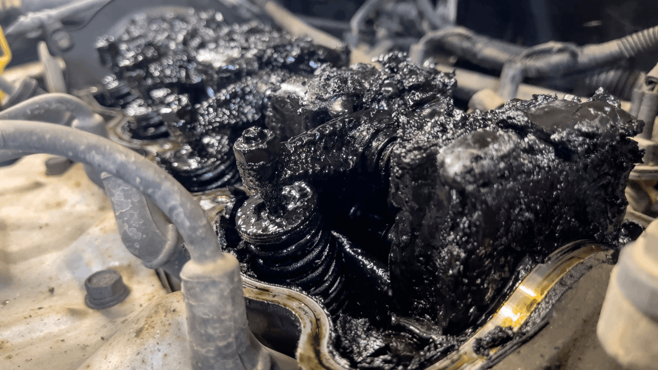 Severely sludged engine components showing poor vehicle maintenance in a commercial truck