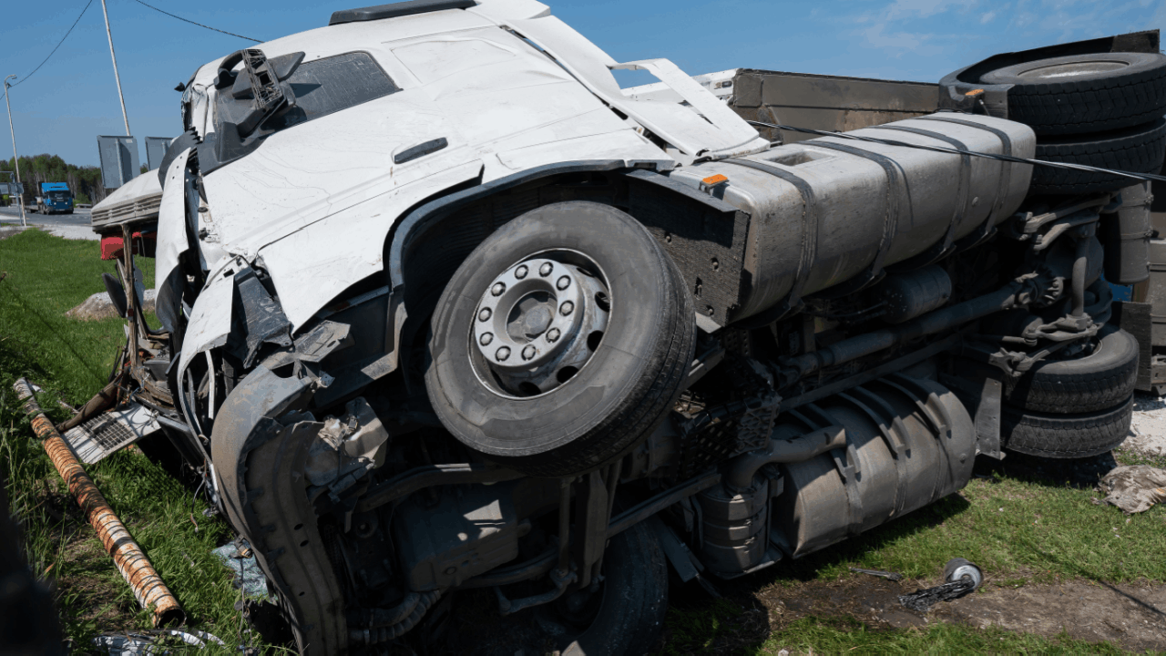 Overturned and severely damaged semi-truck on the roadside illustrating common truck accident causes