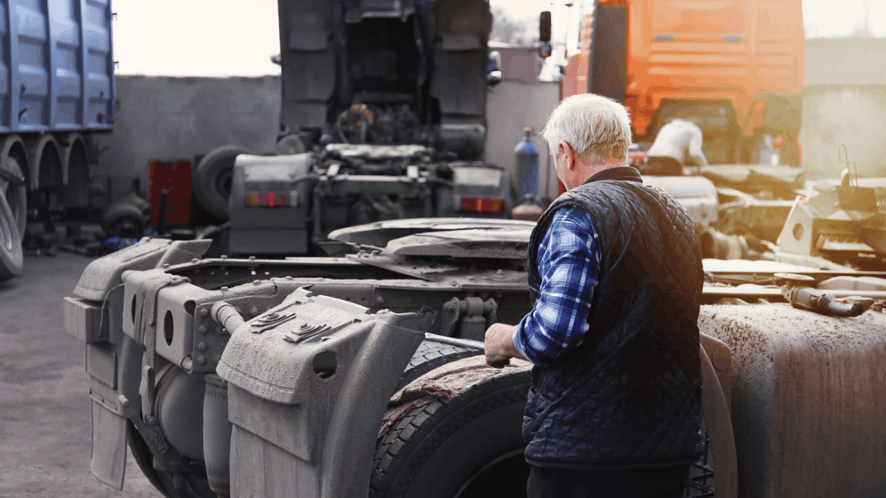 Mechanic inspecting truck brake system during maintenance check