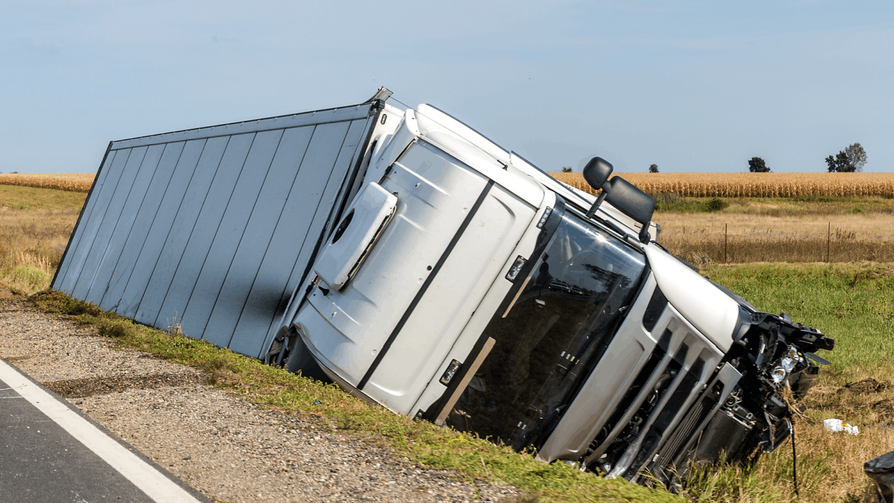Which state has the most semi truck accidents — overturned semi truck in roadside ditch