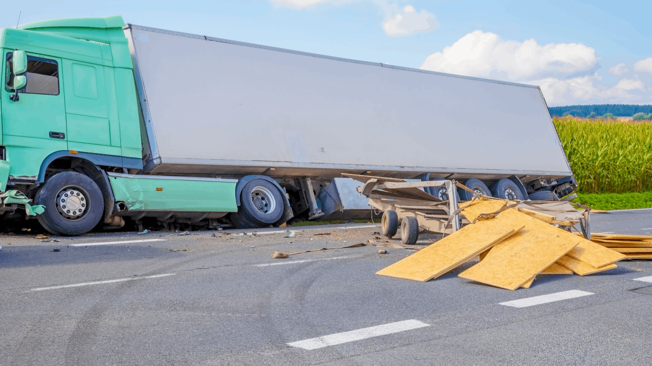 Truck crash safety violation with cargo spilled on road after collision