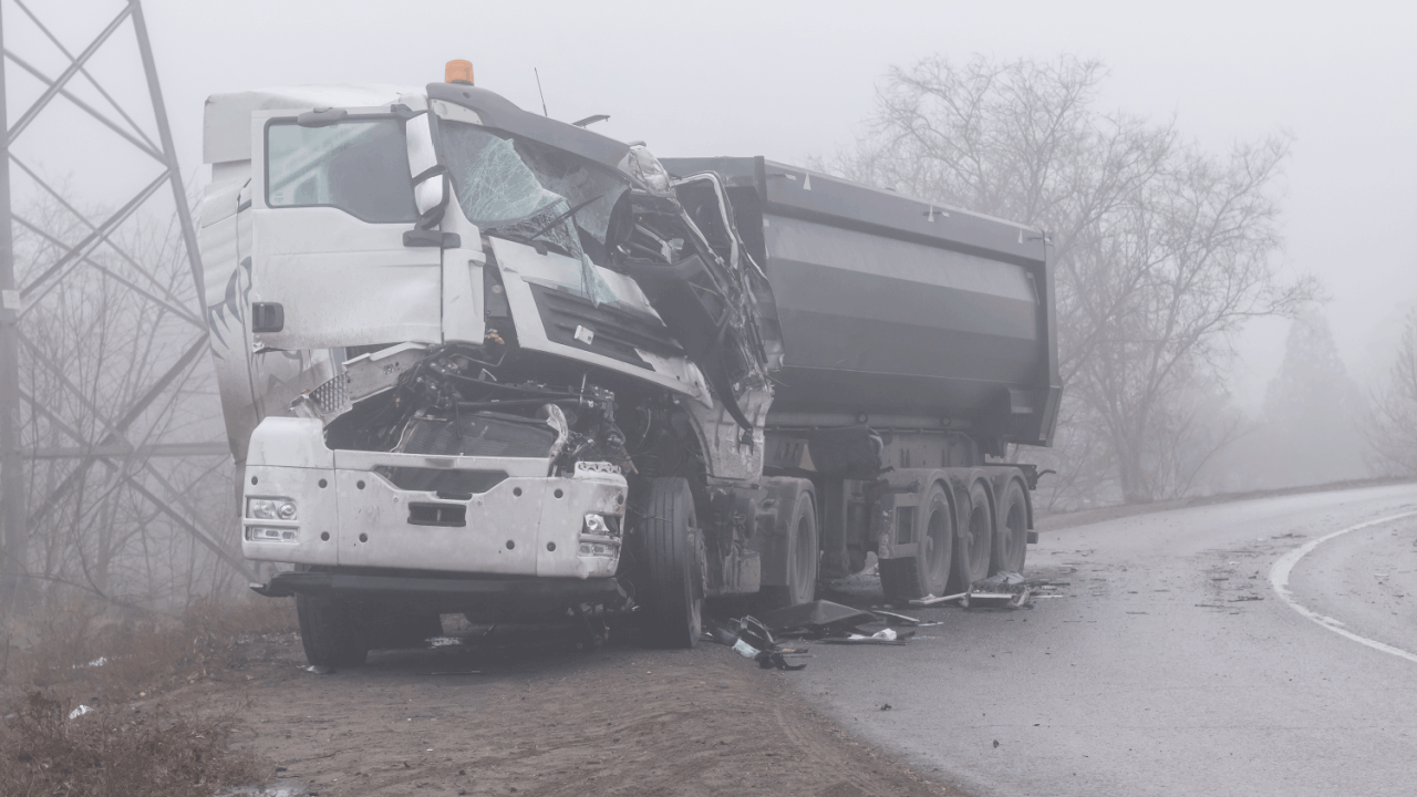 How often do truckers get into accidents — wrecked commercial truck on foggy road