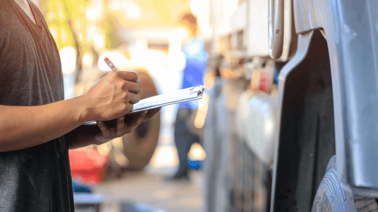 Person inspecting truck damage and documenting a truck accident claim on a clipboard