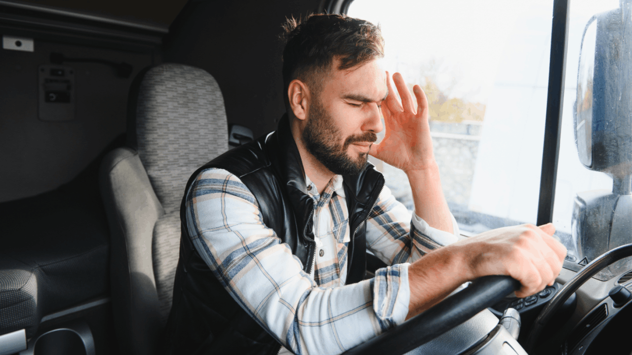 Fatigued truck driver rubbing his eyes at the wheel
