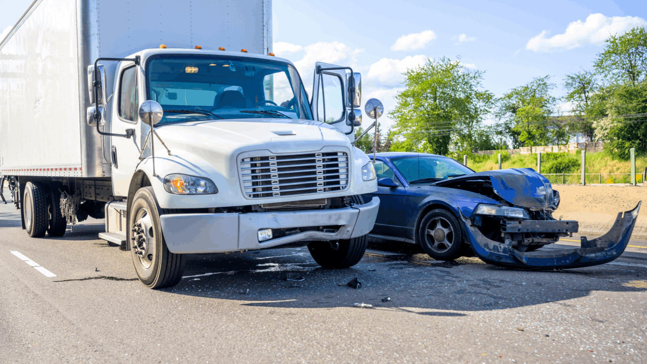 Filing a truck accident claim after a white box truck collides with a blue car on the road.