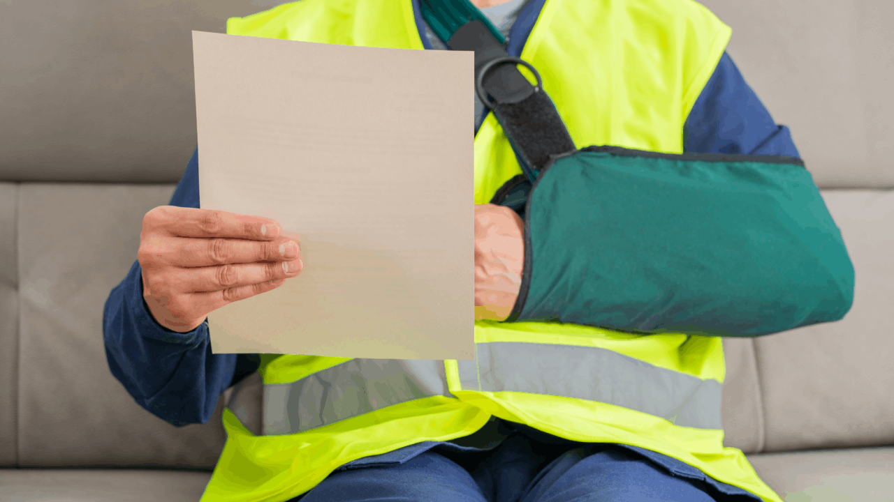 Truck accident claim denial received by an injured worker in an arm sling holding a letter.