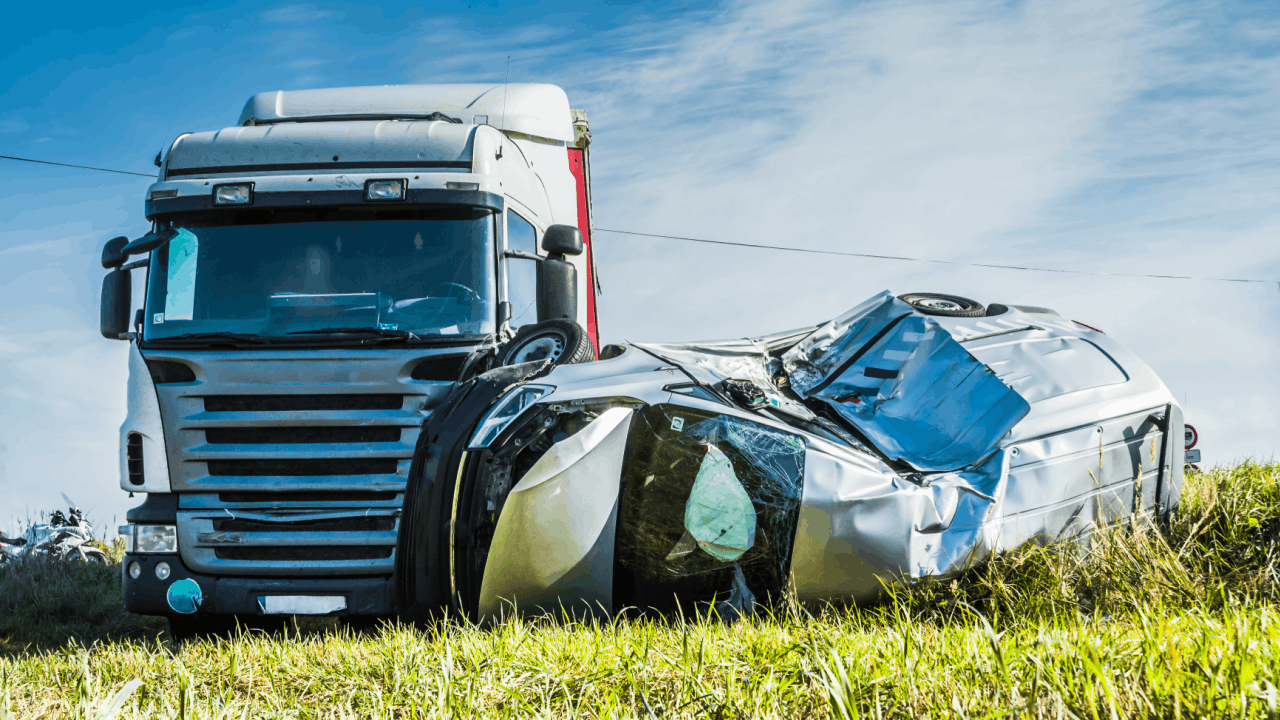 Who pays when a non-domiciled driver causes a crash involving a semi-truck and overturned car